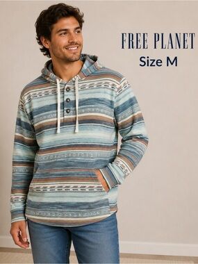 Free Planet Baja Hoodie Aztec Striped Pullover Size M